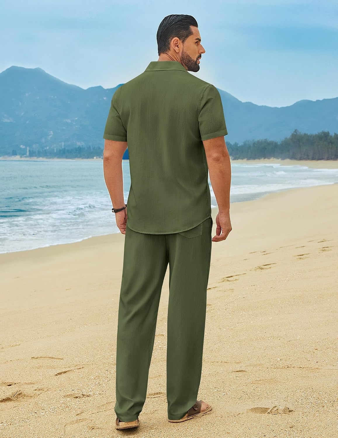 image:imageCOOFANDY Mens Linen Sets 2 Piece Beach Outfit Casual Short Sleeve Button Down Shirts Loose Pants Summer Vacation OutfitsArmy Green