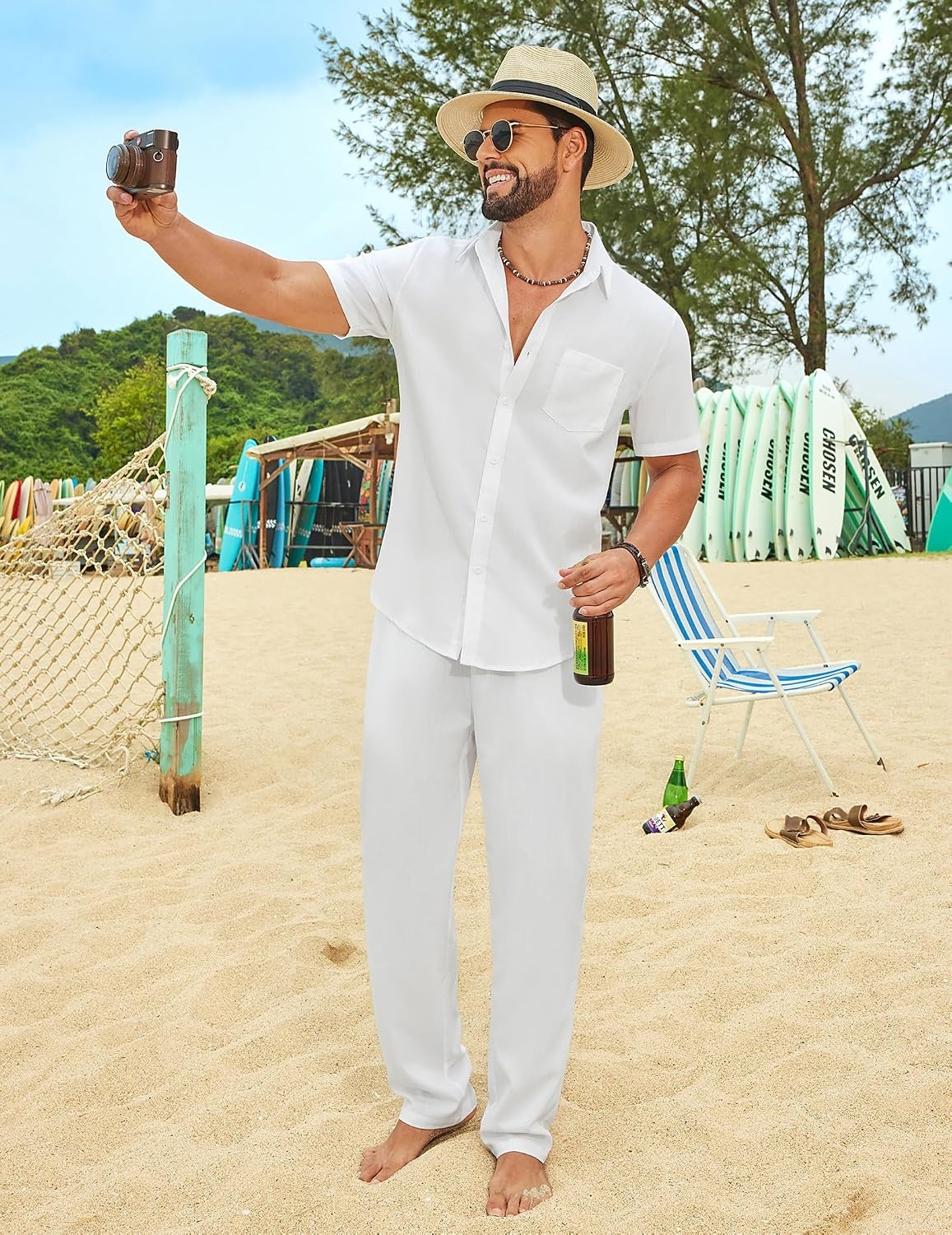 image:imageCOOFANDY Mens Linen Sets 2 Piece Beach Outfit Casual Short Sleeve Button Down Shirts Loose Pants Summer Vacation OutfitsAwhite