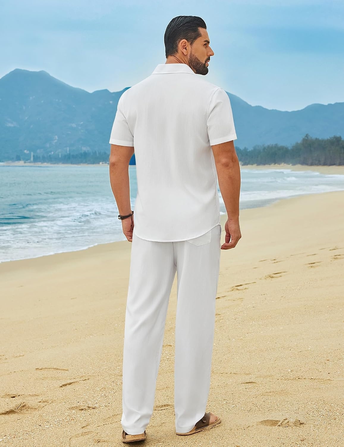 image:imageCOOFANDY Mens Linen Sets 2 Piece Beach Outfit Casual Short Sleeve Button Down Shirts Loose Pants Summer Vacation OutfitsAwhite