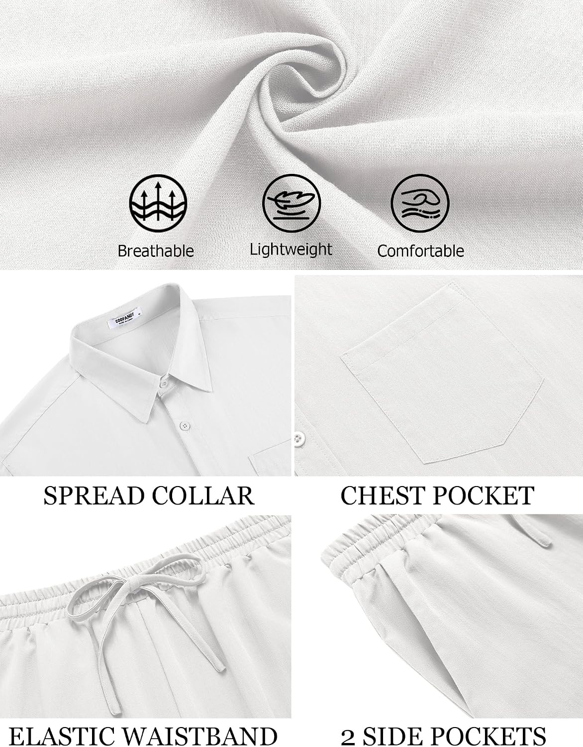 image:imageCOOFANDY Mens Linen Sets 2 Piece Beach Outfit Casual Short Sleeve Button Down Shirts Loose Pants Summer Vacation OutfitsAwhite