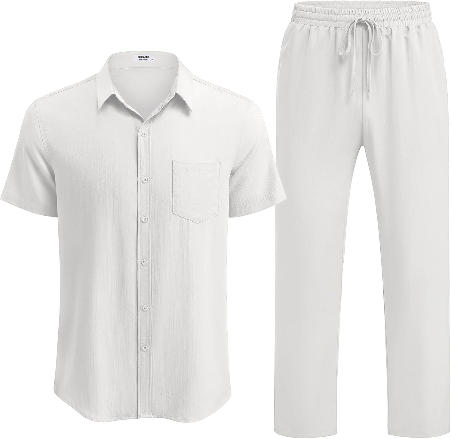 image:imageCOOFANDY Mens Linen Sets 2 Piece Beach Outfit Casual Short Sleeve Button Down Shirts Loose Pants Summer Vacation OutfitsAwhite