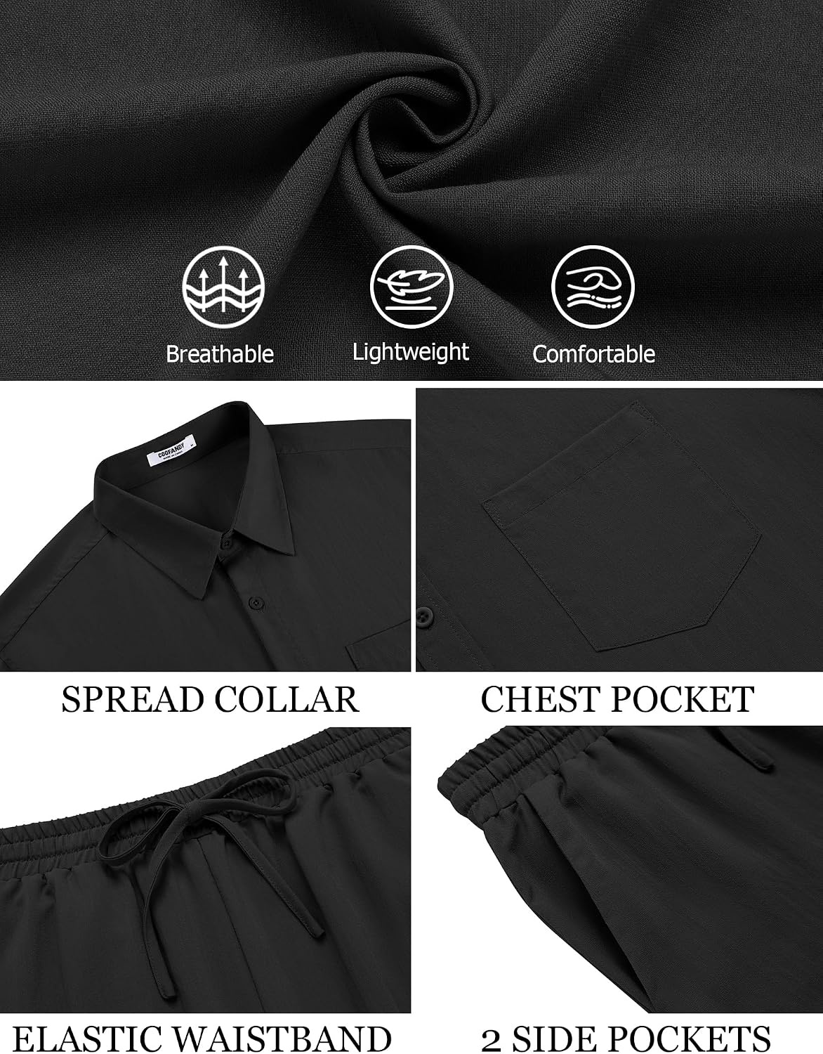 image:imageCOOFANDY Mens Linen Sets 2 Piece Beach Outfit Casual Short Sleeve Button Down Shirts Loose Pants Summer Vacation OutfitsBlack