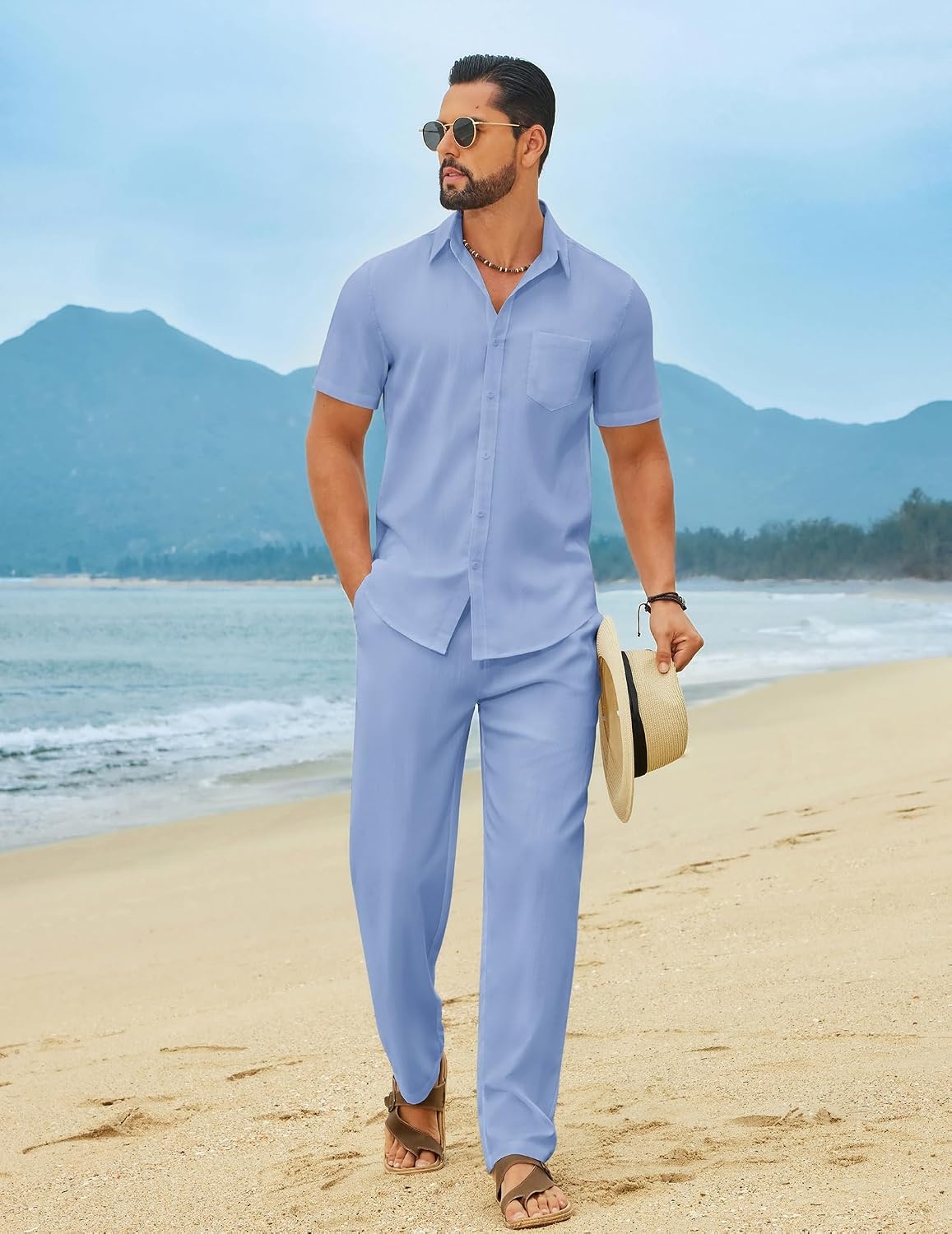 image:imageCOOFANDY Mens Linen Sets 2 Piece Beach Outfit Casual Short Sleeve Button Down Shirts Loose Pants Summer Vacation OutfitsLight Blue