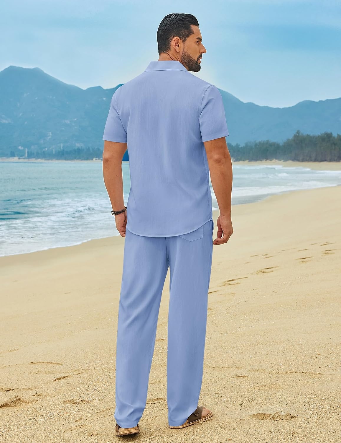 image:imageCOOFANDY Mens Linen Sets 2 Piece Beach Outfit Casual Short Sleeve Button Down Shirts Loose Pants Summer Vacation OutfitsLight Blue
