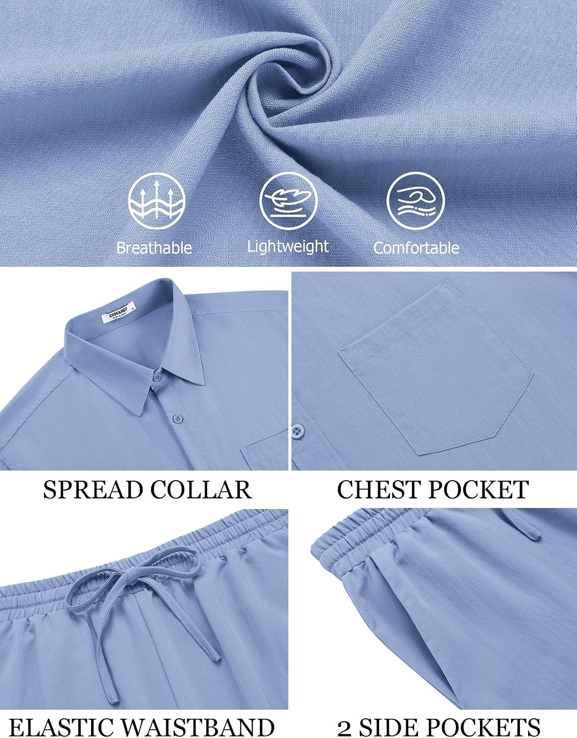 image:imageCOOFANDY Mens Linen Sets 2 Piece Beach Outfit Casual Short Sleeve Button Down Shirts Loose Pants Summer Vacation OutfitsLight Blue