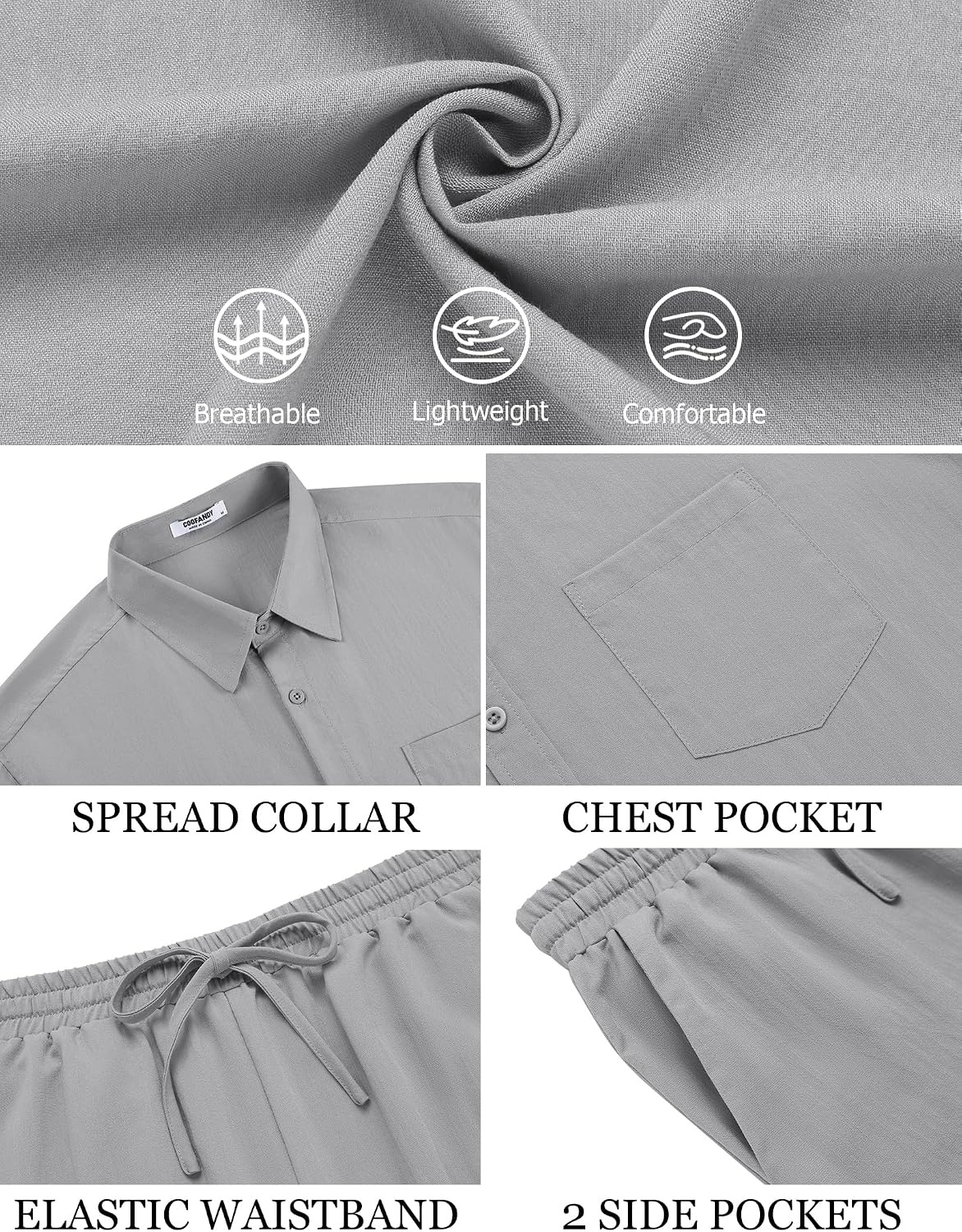image:imageCOOFANDY Mens Linen Sets 2 Piece Beach Outfit Casual Short Sleeve Button Down Shirts Loose Pants Summer Vacation OutfitsLight Gray