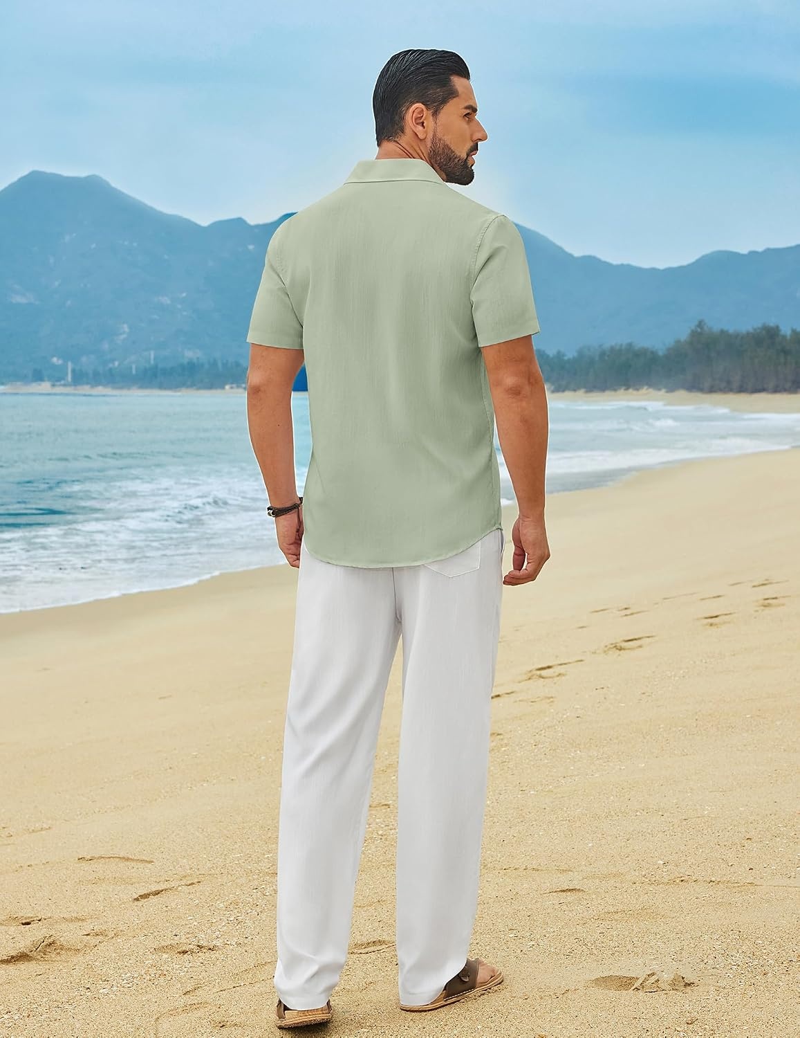 image:imageCOOFANDY Mens Linen Sets 2 Piece Beach Outfit Casual Short Sleeve Button Down Shirts Loose Pants Summer Vacation OutfitsLight Green ShirtWhite Pants