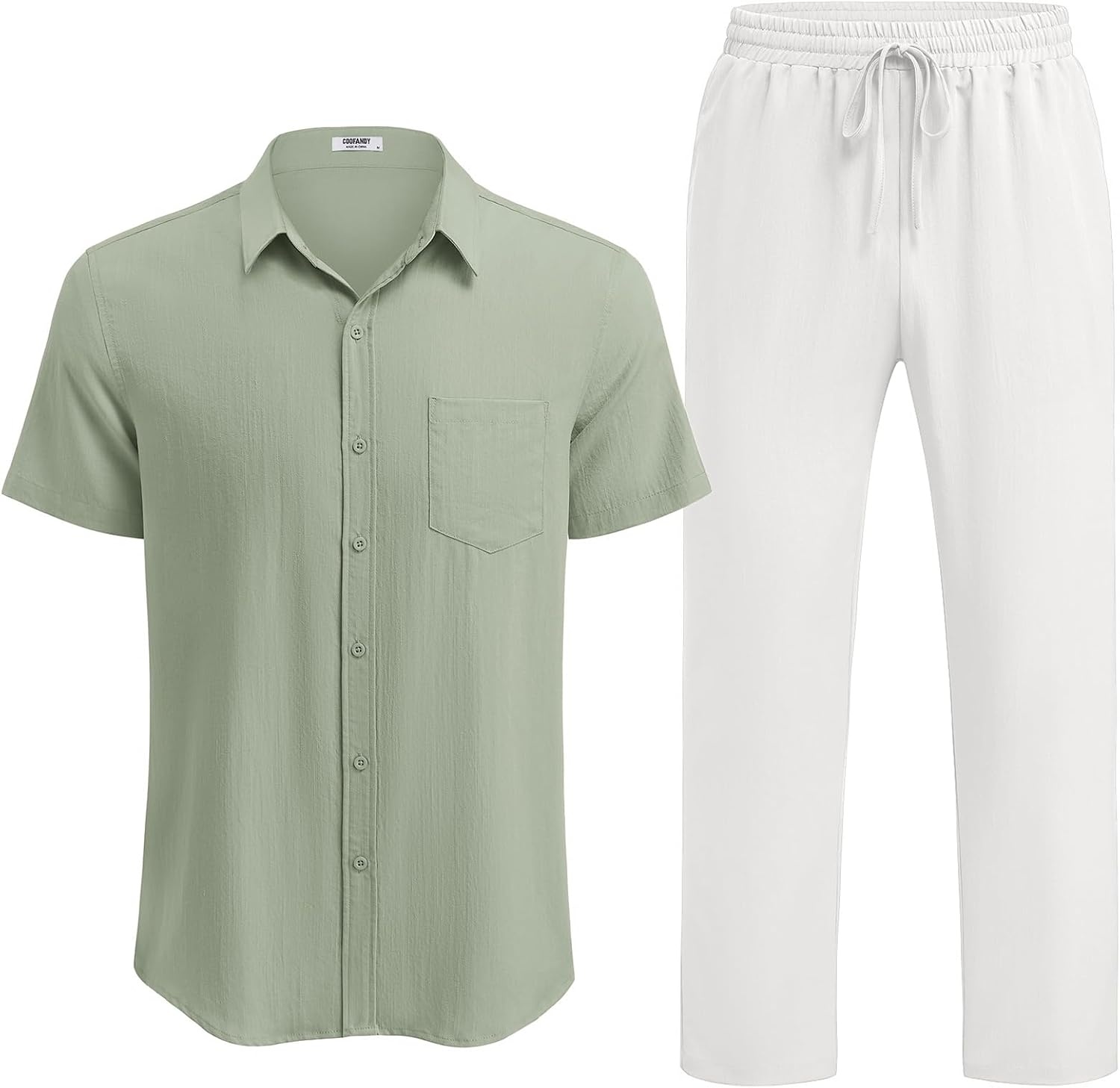 image:imageCOOFANDY Mens Linen Sets 2 Piece Beach Outfit Casual Short Sleeve Button Down Shirts Loose Pants Summer Vacation OutfitsLight Green ShirtWhite Pants