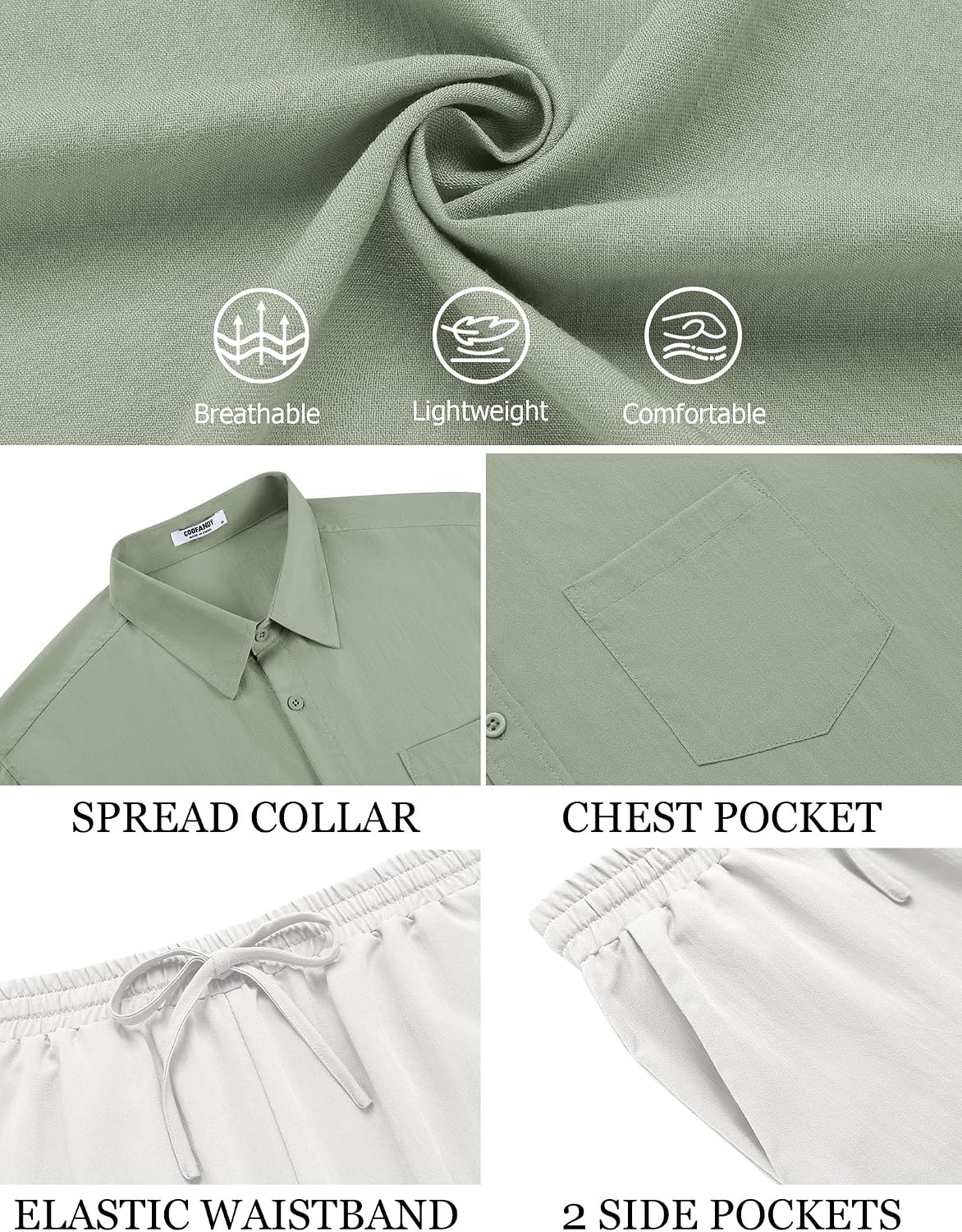 image:imageCOOFANDY Mens Linen Sets 2 Piece Beach Outfit Casual Short Sleeve Button Down Shirts Loose Pants Summer Vacation OutfitsLight Green ShirtWhite Pants