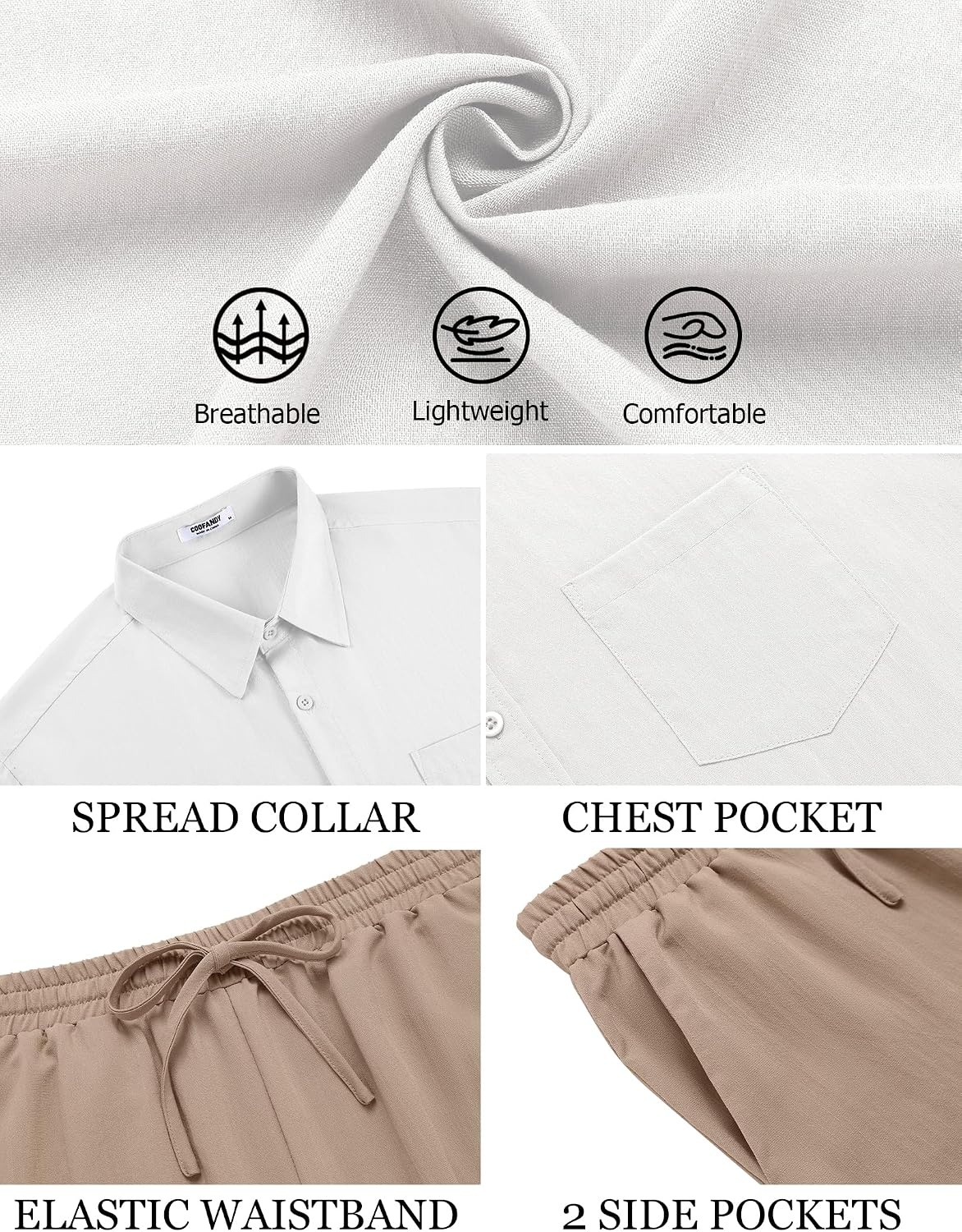 image:imageCOOFANDY Mens Linen Sets 2 Piece Beach Outfit Casual Short Sleeve Button Down Shirts Loose Pants Summer Vacation OutfitsWhite ShirtKhaki Pants