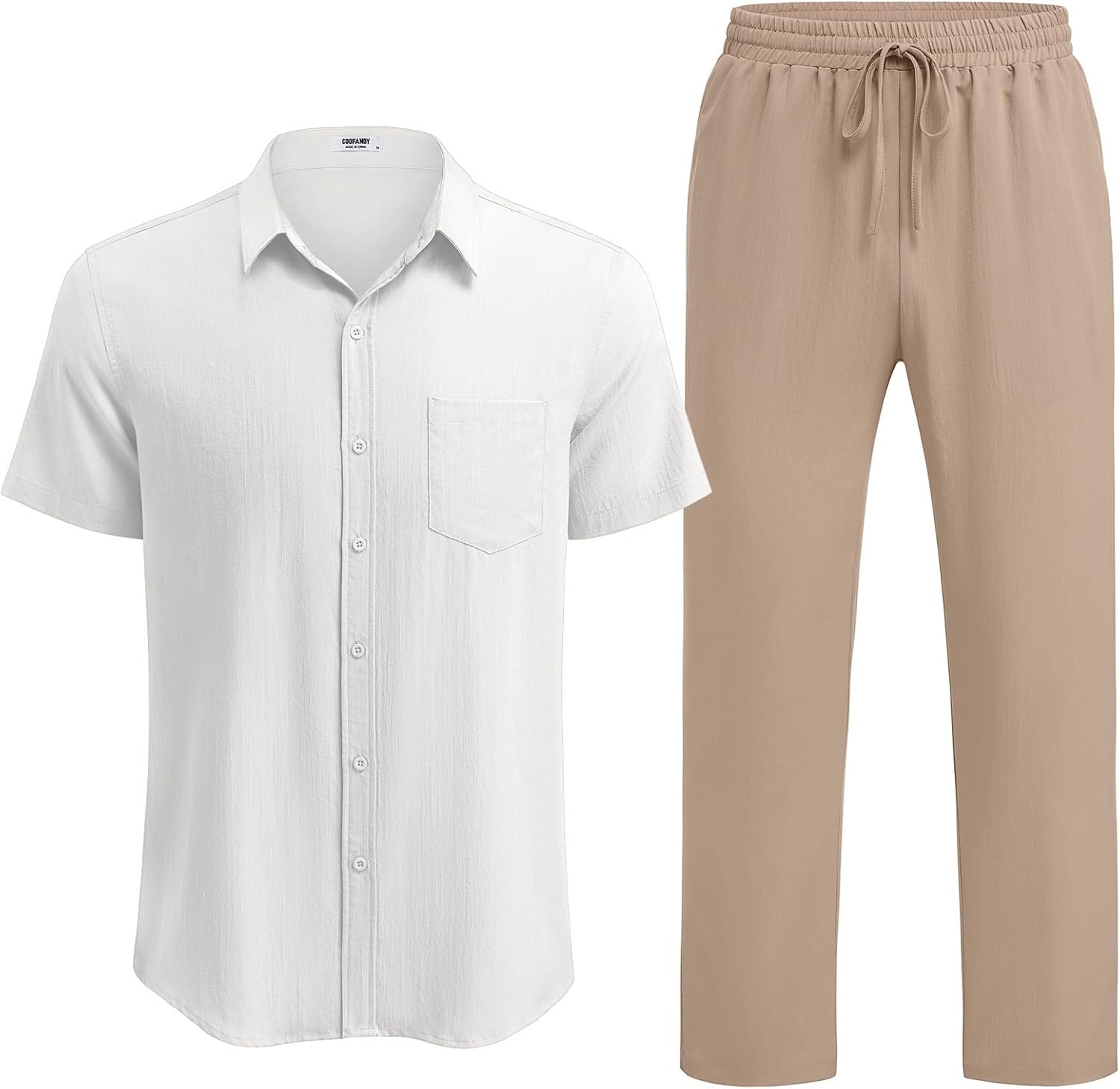 image:imageCOOFANDY Mens Linen Sets 2 Piece Beach Outfit Casual Short Sleeve Button Down Shirts Loose Pants Summer Vacation OutfitsWhite ShirtKhaki Pants