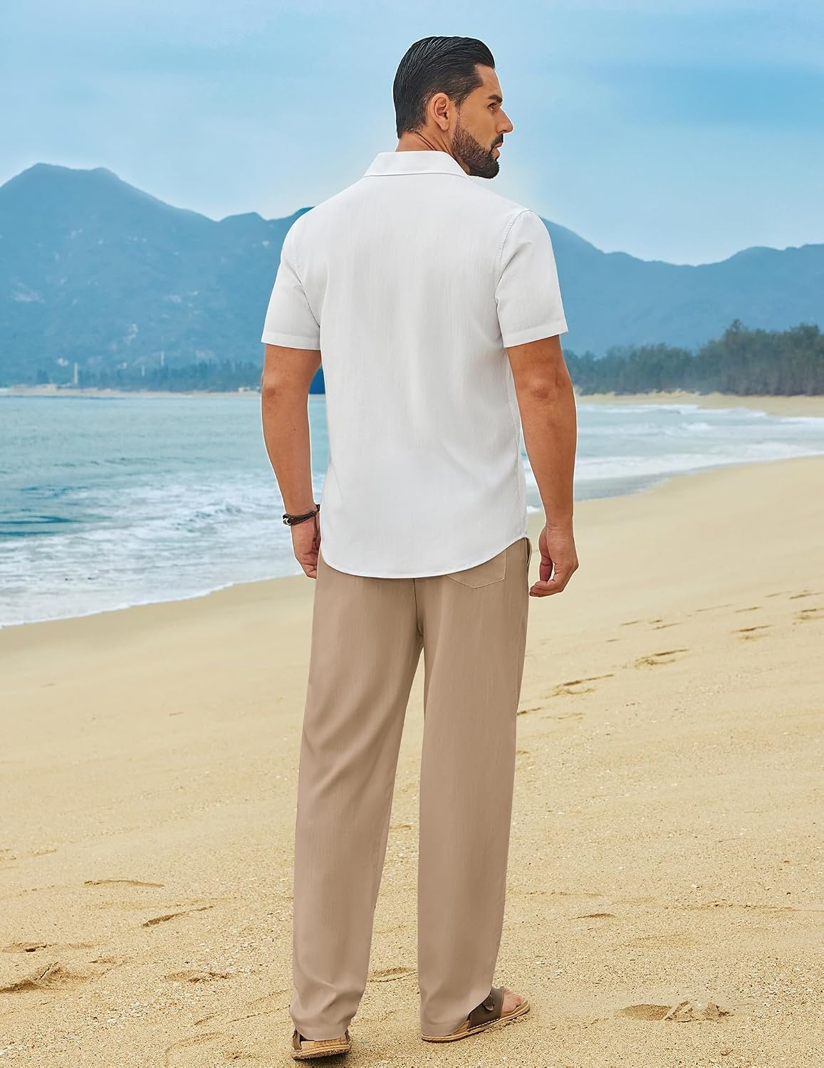 image:imageCOOFANDY Mens Linen Sets 2 Piece Beach Outfit Casual Short Sleeve Button Down Shirts Loose Pants Summer Vacation OutfitsWhite ShirtKhaki Pants