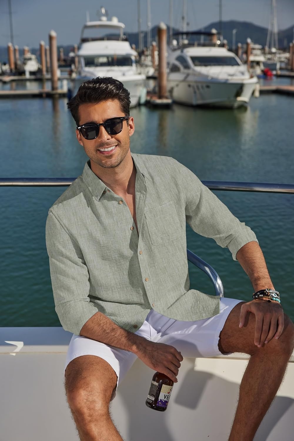 image:imageCOOFANDY Mens Long Sleeve Button Down Shirt Casual Untucked Shirts Summer Beach Wedding Linen Textured ShirtsLight Green