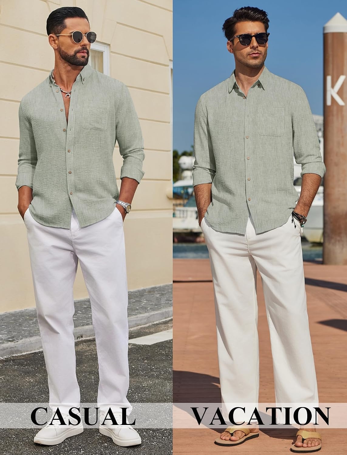 image:imageCOOFANDY Mens Long Sleeve Button Down Shirt Casual Untucked Shirts Summer Beach Wedding Linen Textured ShirtsLight Green