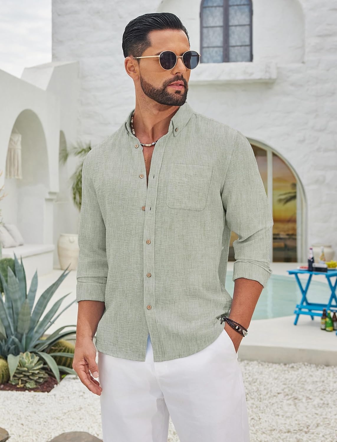 image:imageCOOFANDY Mens Long Sleeve Button Down Shirt Casual Untucked Shirts Summer Beach Wedding Linen Textured ShirtsLight Green