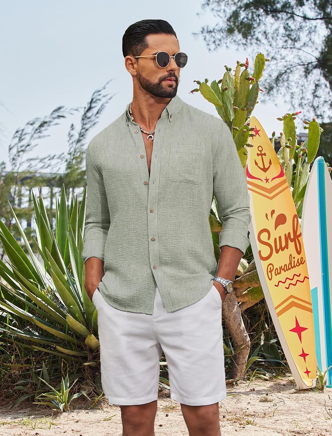 image:imageCOOFANDY Mens Long Sleeve Button Down Shirt Casual Untucked Shirts Summer Beach Wedding Linen Textured ShirtsLight Green