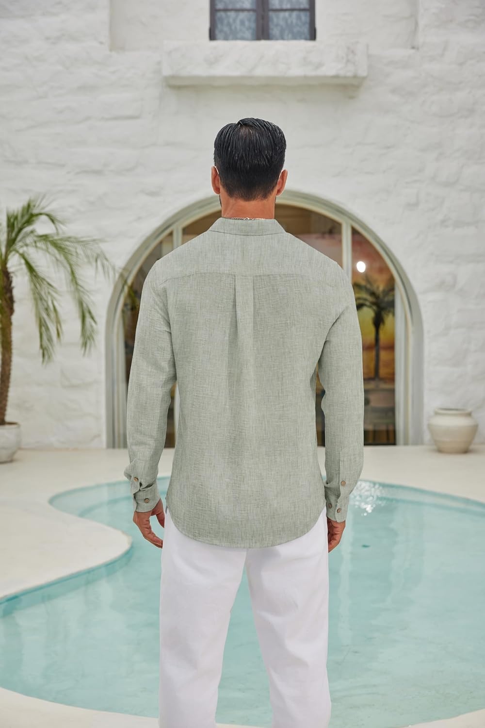 image:imageCOOFANDY Mens Long Sleeve Button Down Shirt Casual Untucked Shirts Summer Beach Wedding Linen Textured ShirtsLight Green