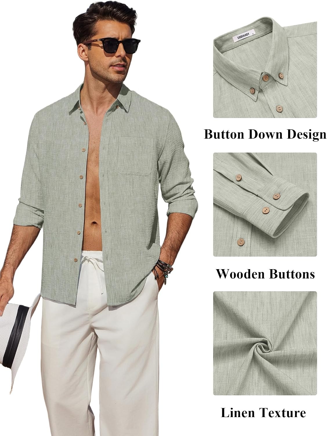 image:imageCOOFANDY Mens Long Sleeve Button Down Shirt Casual Untucked Shirts Summer Beach Wedding Linen Textured ShirtsLight Green
