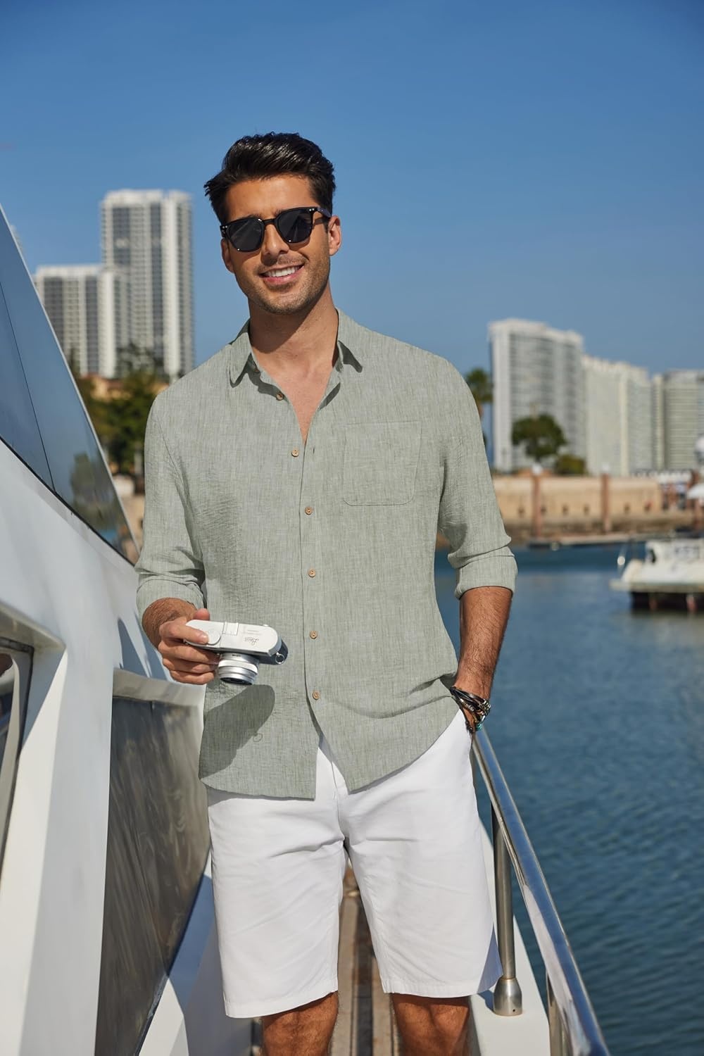 image:imageCOOFANDY Mens Long Sleeve Button Down Shirt Casual Untucked Shirts Summer Beach Wedding Linen Textured ShirtsLight Green