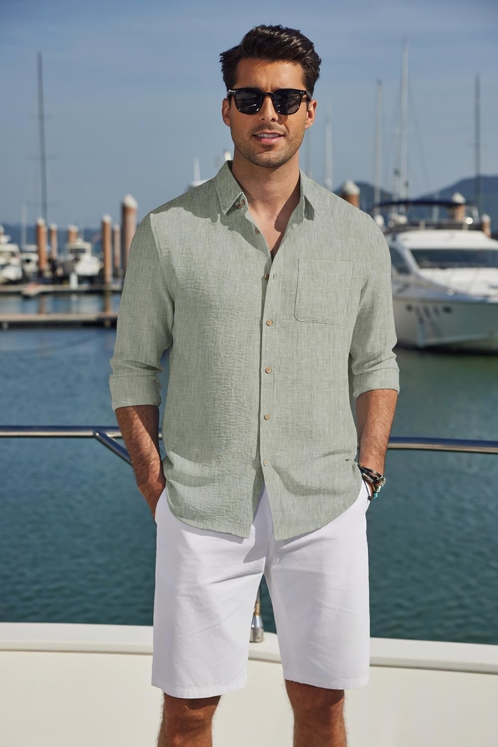 image:imageCOOFANDY Mens Long Sleeve Button Down Shirt Casual Untucked Shirts Summer Beach Wedding Linen Textured ShirtsLight Green
