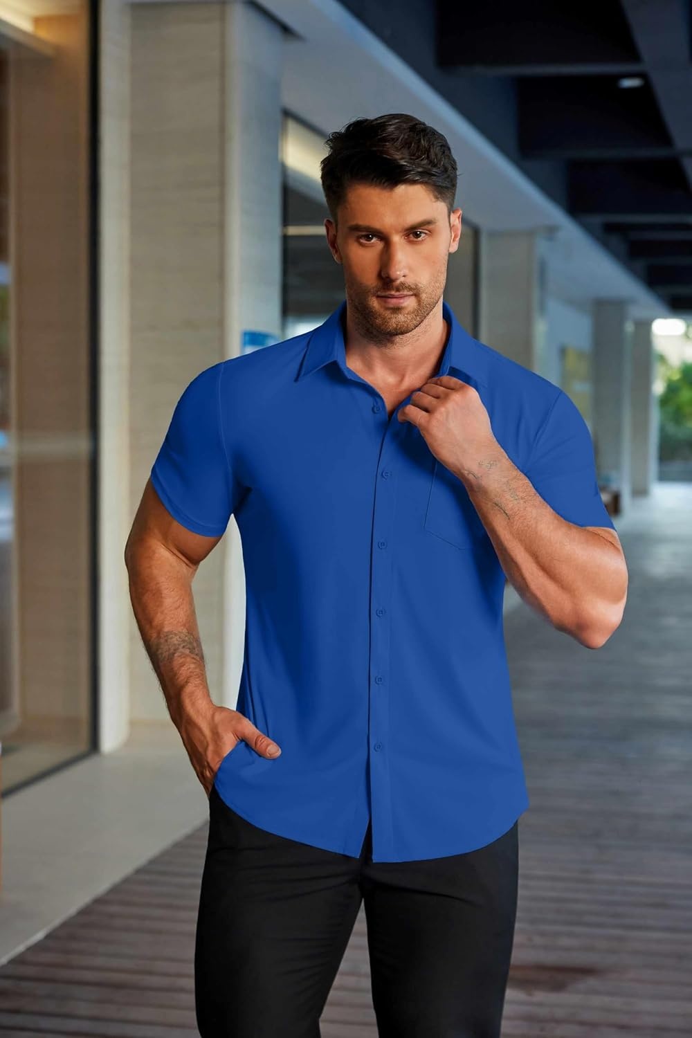 image:imageCOOFANDY Mens Muscle Fit Dress Shirts Stretch WrinkleFree Short Sleeve Casual Button Down ShirtsRoyal Blue
