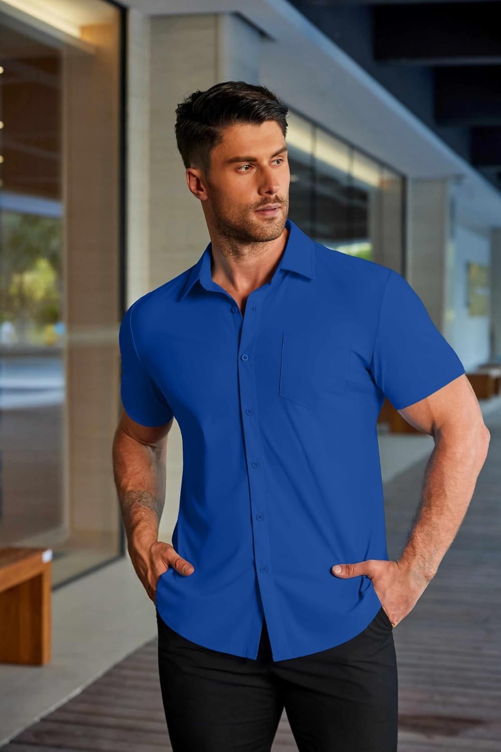 image:imageCOOFANDY Mens Muscle Fit Dress Shirts Stretch WrinkleFree Short Sleeve Casual Button Down ShirtsRoyal Blue