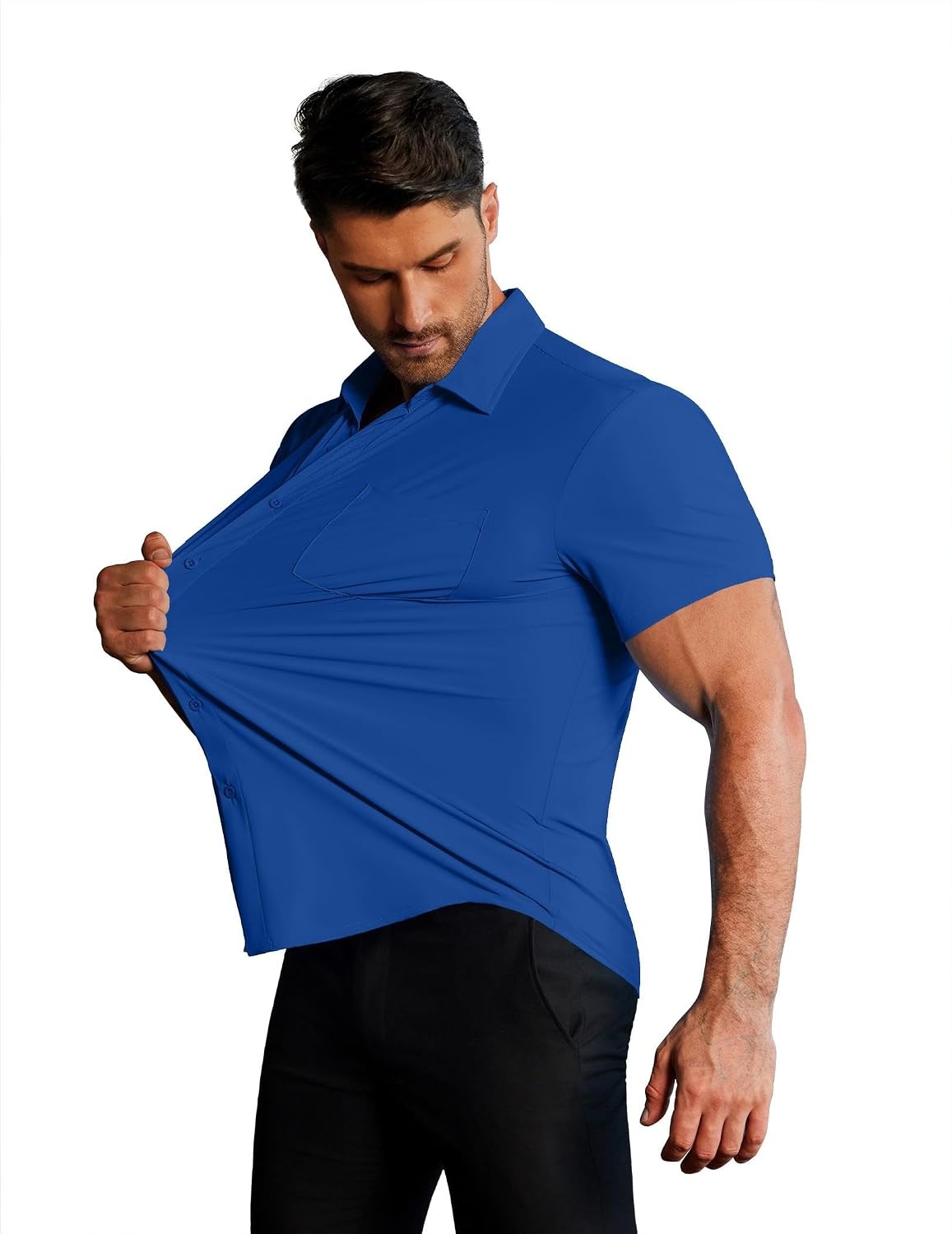 image:imageCOOFANDY Mens Muscle Fit Dress Shirts Stretch WrinkleFree Short Sleeve Casual Button Down ShirtsRoyal Blue