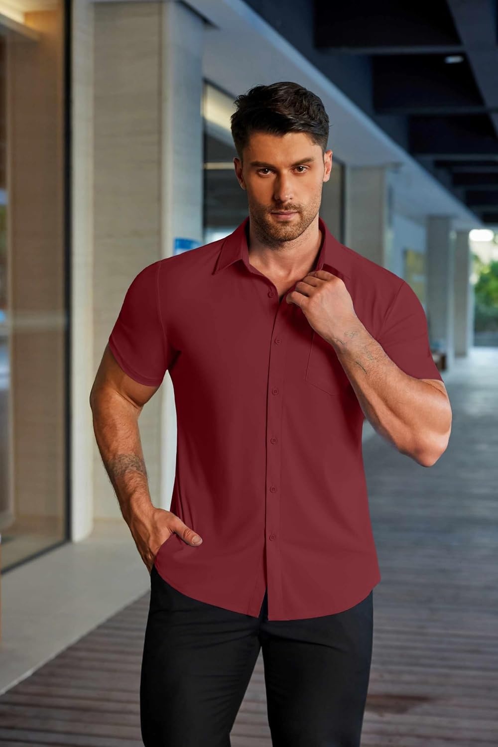image:imageCOOFANDY Mens Muscle Fit Dress Shirts Stretch WrinkleFree Short Sleeve Casual Button Down ShirtsWine Red