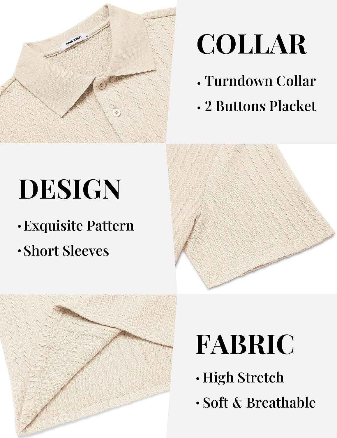 image:imageCOOFANDY Mens Polo Shirt Casual Short Sleeve Textured Knit Button Polo TShirts Summer Vacation Stretchy Golf ShirtsBeige