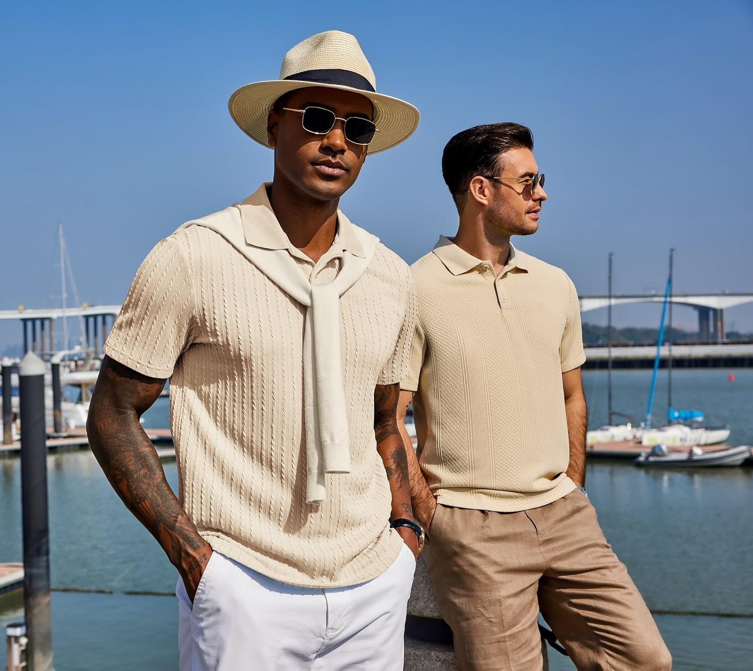 image:imageCOOFANDY Mens Polo Shirt Casual Short Sleeve Textured Knit Button Polo TShirts Summer Vacation Stretchy Golf ShirtsBeige