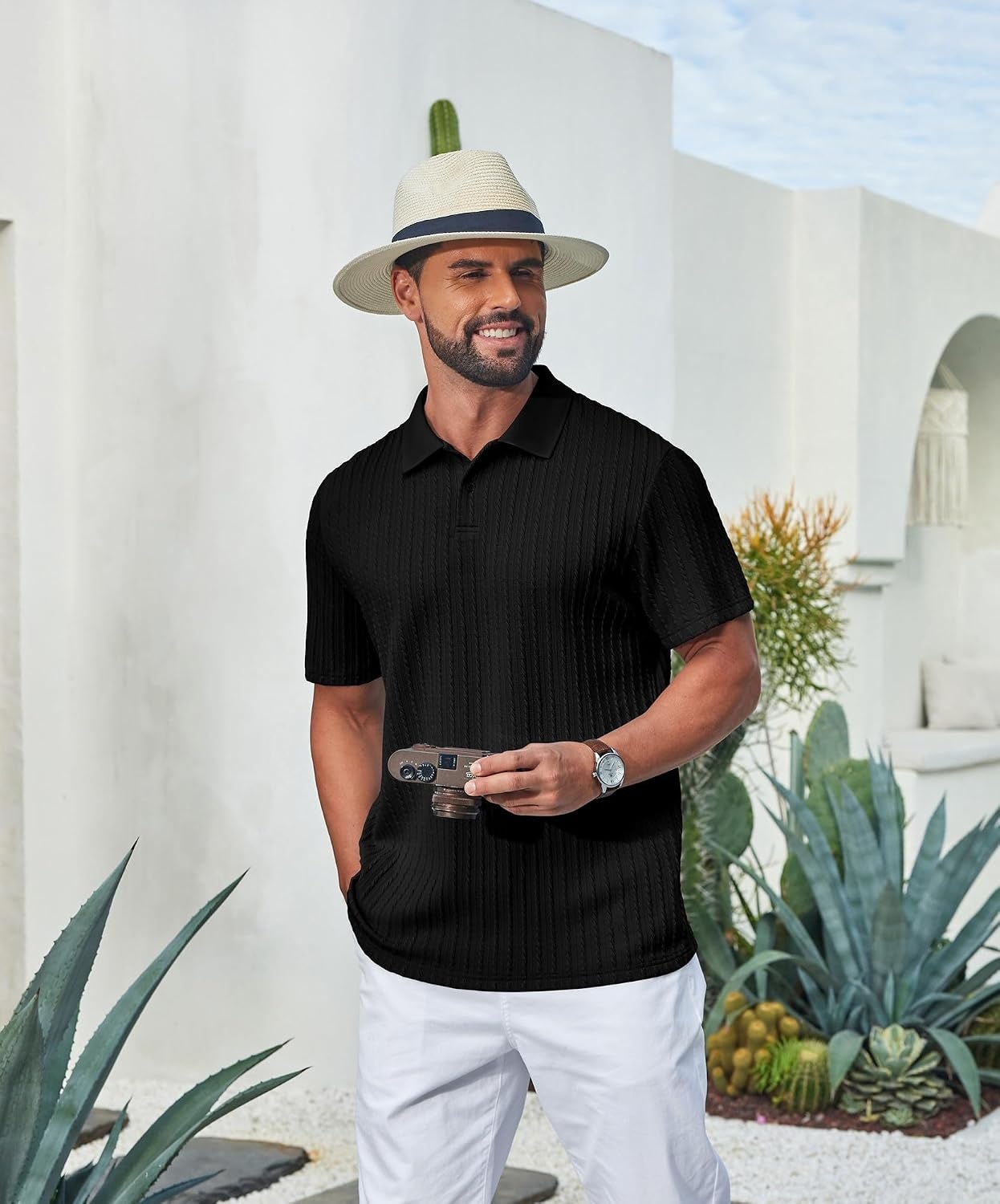image:imageCOOFANDY Mens Polo Shirt Casual Short Sleeve Textured Knit Button Polo TShirts Summer Vacation Stretchy Golf ShirtsBlack