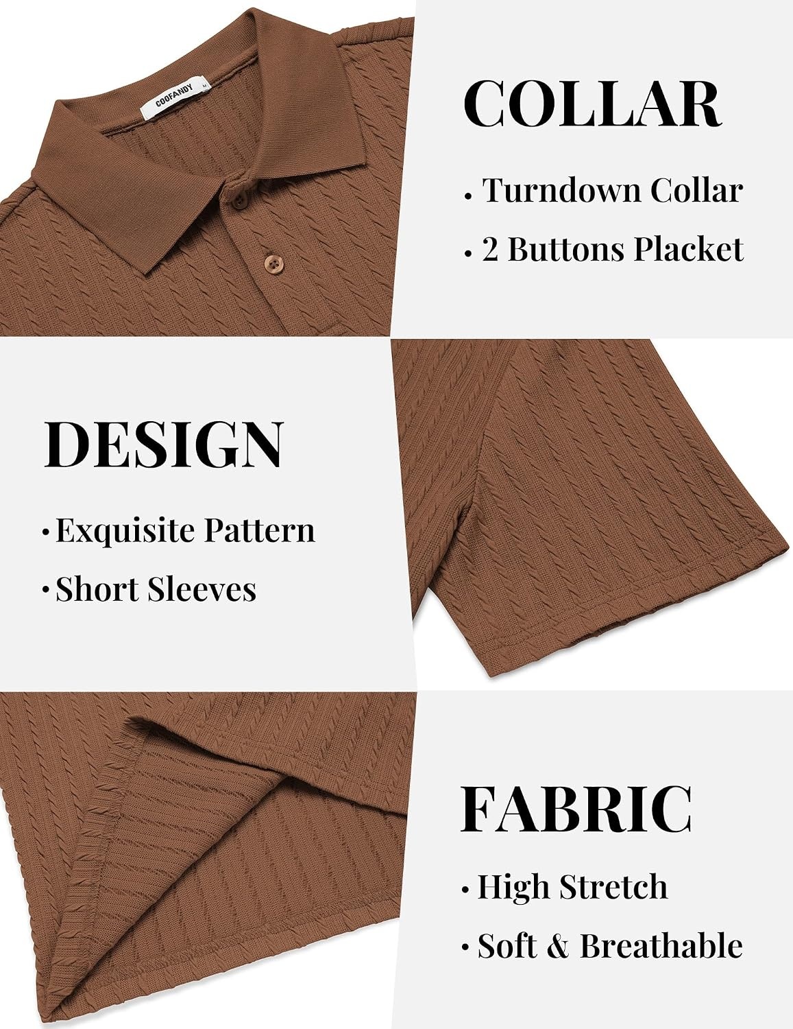 image:imageCOOFANDY Mens Polo Shirt Casual Short Sleeve Textured Knit Button Polo TShirts Summer Vacation Stretchy Golf ShirtsBrown