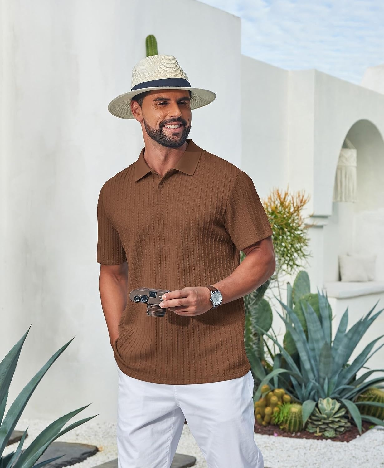 image:imageCOOFANDY Mens Polo Shirt Casual Short Sleeve Textured Knit Button Polo TShirts Summer Vacation Stretchy Golf ShirtsBrown