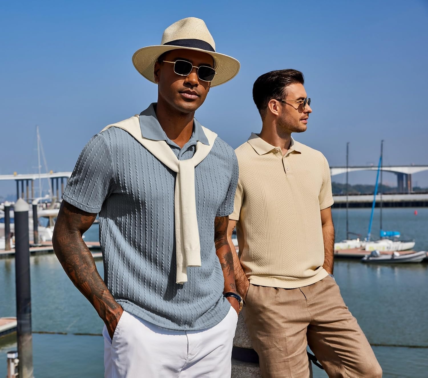 image:imageCOOFANDY Mens Polo Shirt Casual Short Sleeve Textured Knit Button Polo TShirts Summer Vacation Stretchy Golf ShirtsGray Blue