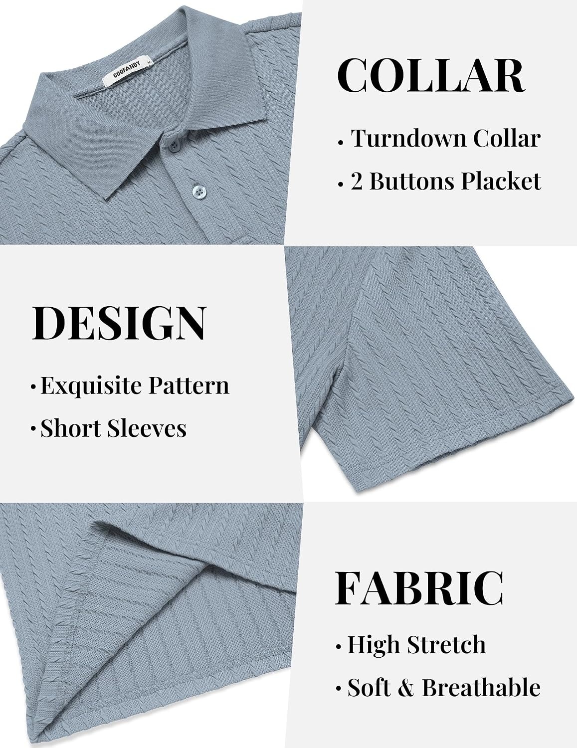 image:imageCOOFANDY Mens Polo Shirt Casual Short Sleeve Textured Knit Button Polo TShirts Summer Vacation Stretchy Golf ShirtsGray Blue