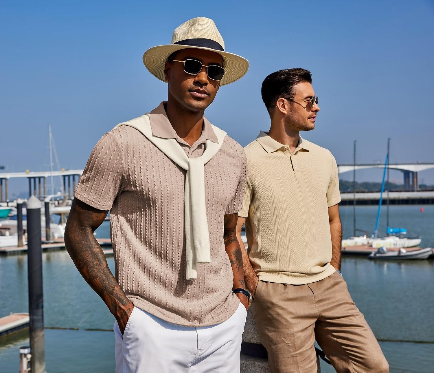 image:imageCOOFANDY Mens Polo Shirt Casual Short Sleeve Textured Knit Button Polo TShirts Summer Vacation Stretchy Golf ShirtsKhaki