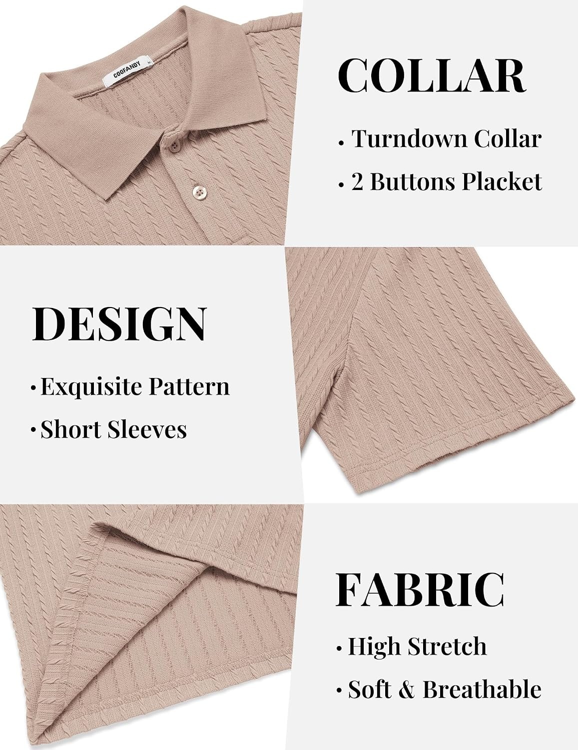 image:imageCOOFANDY Mens Polo Shirt Casual Short Sleeve Textured Knit Button Polo TShirts Summer Vacation Stretchy Golf ShirtsKhaki