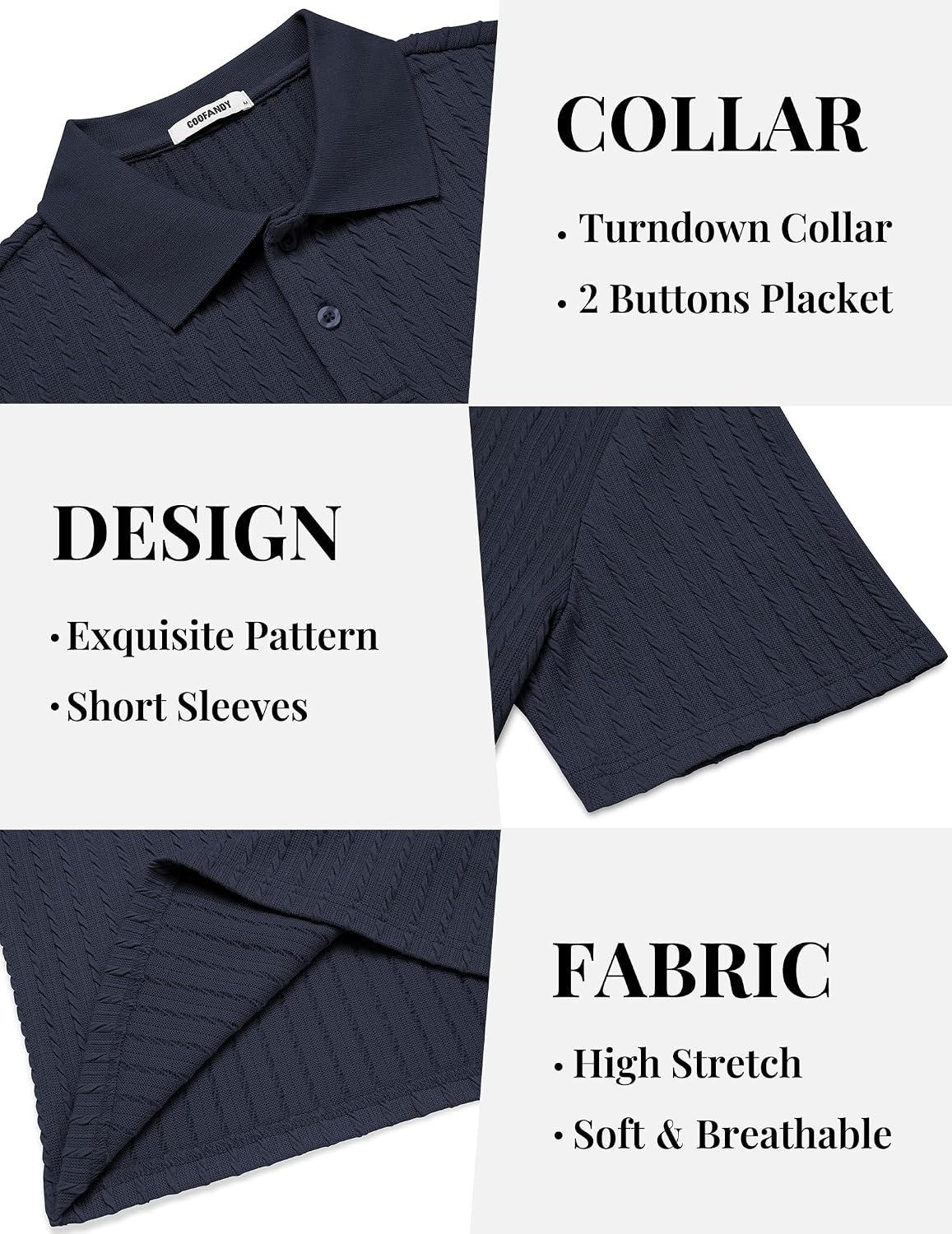 image:imageCOOFANDY Mens Polo Shirt Casual Short Sleeve Textured Knit Button Polo TShirts Summer Vacation Stretchy Golf ShirtsNavy Blue