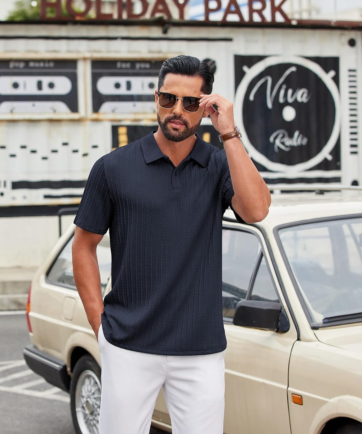 image:imageCOOFANDY Mens Polo Shirt Casual Short Sleeve Textured Knit Button Polo TShirts Summer Vacation Stretchy Golf ShirtsNavy Blue