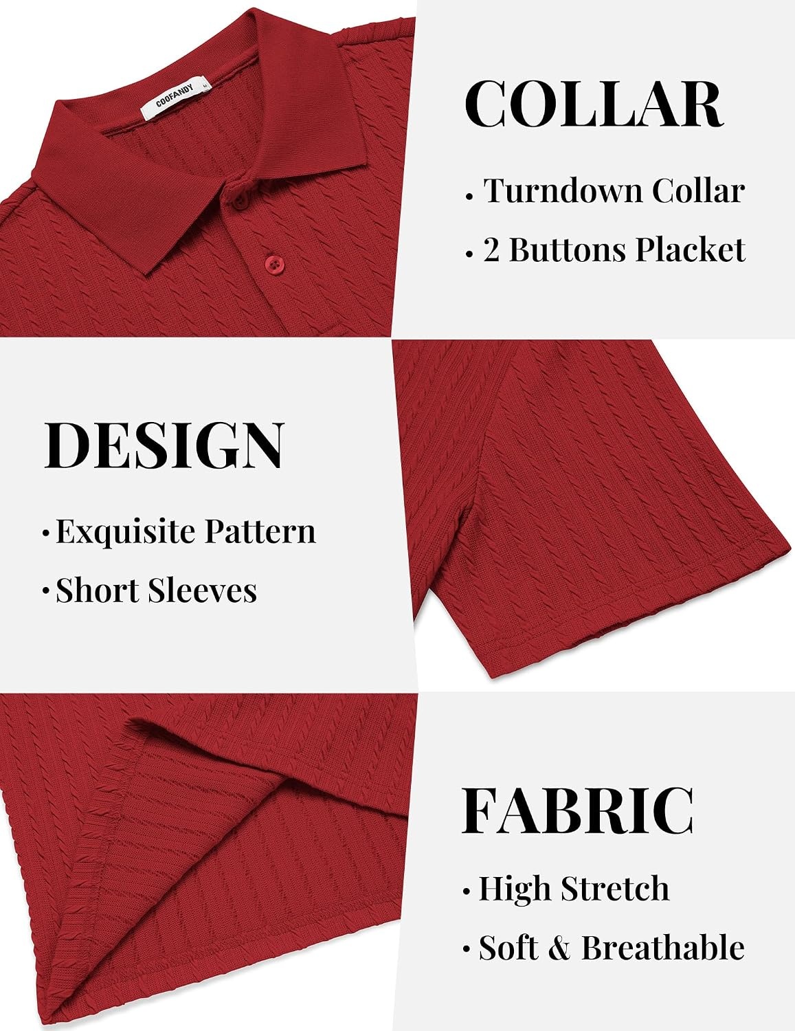 image:imageCOOFANDY Mens Polo Shirt Casual Short Sleeve Textured Knit Button Polo TShirts Summer Vacation Stretchy Golf ShirtsRed