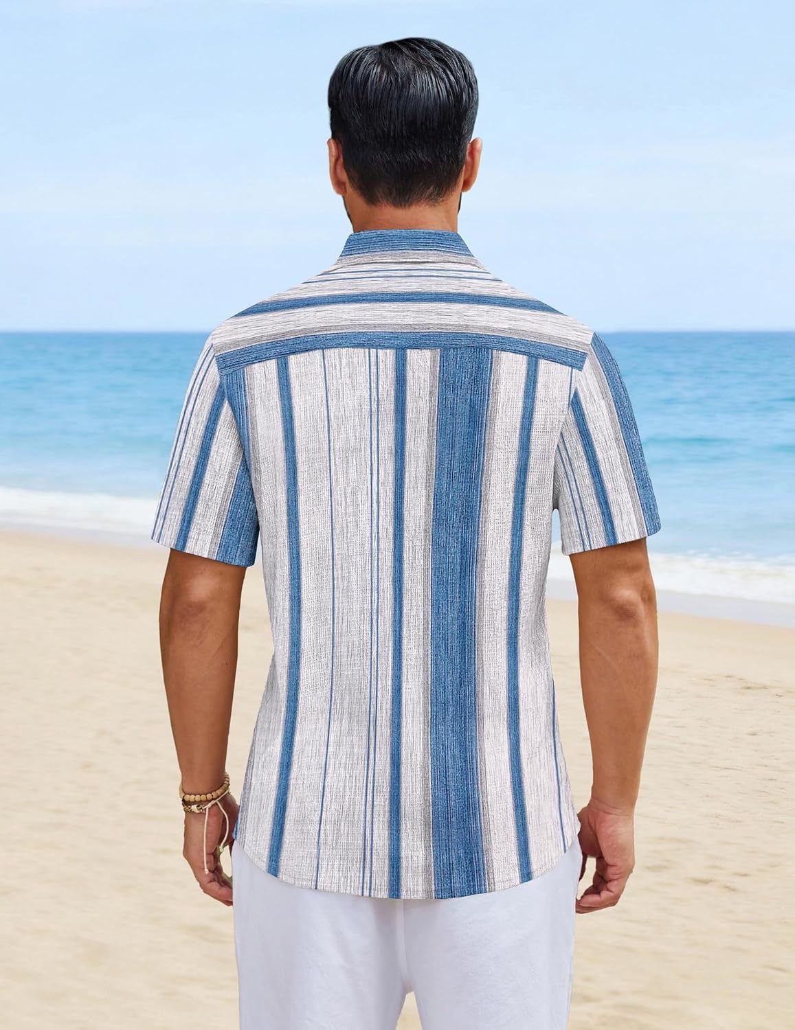 image:imageCOOFANDY Mens Short Sleeve Casual Shirts Button Down Striped Summer Shirts Textured Vacation Beach ShirtA WhiteBlue 02