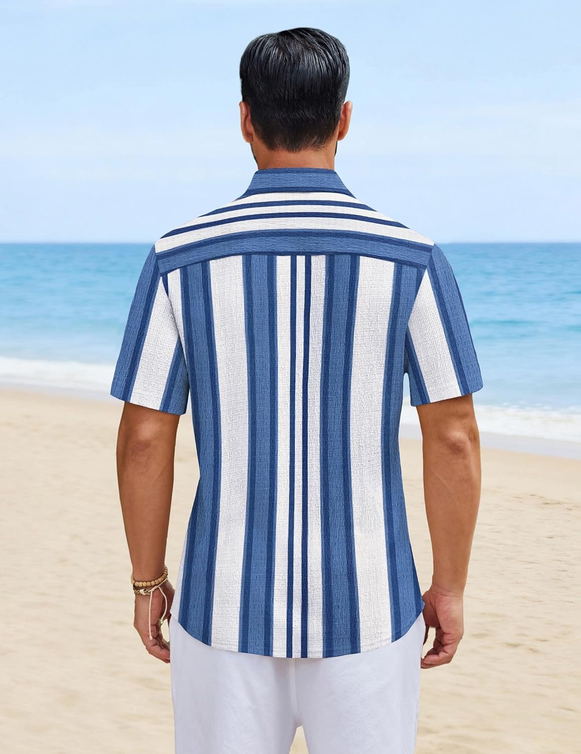 image:imageCOOFANDY Mens Short Sleeve Casual Shirts Button Down Striped Summer Shirts Textured Vacation Beach ShirtA WhiteBlue 03