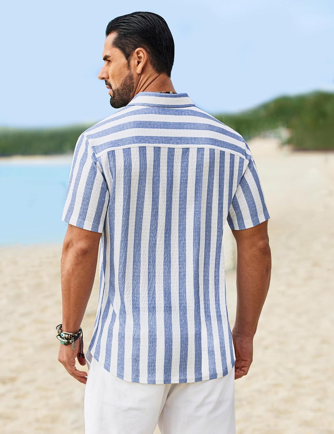 image:imageCOOFANDY Mens Short Sleeve Casual Shirts Button Down Striped Summer Shirts Textured Vacation Beach ShirtA WhiteLight Blue