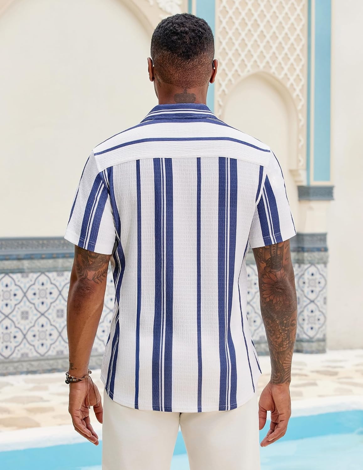 image:imageCOOFANDY Mens Short Sleeve Casual Shirts Button Down Striped Summer Shirts Textured Vacation Beach ShirtB WhiteDark Blue