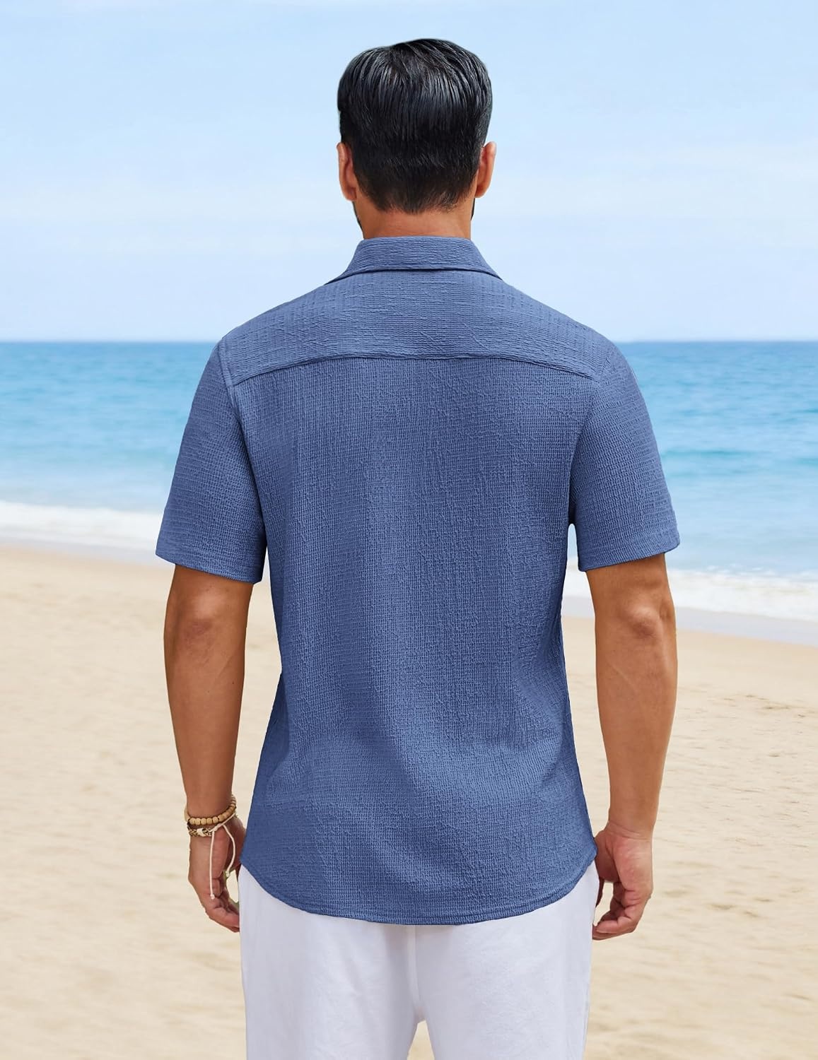 image:imageCOOFANDY Mens Short Sleeve Casual Shirts Button Down Striped Summer Shirts Textured Vacation Beach ShirtGrey Blue