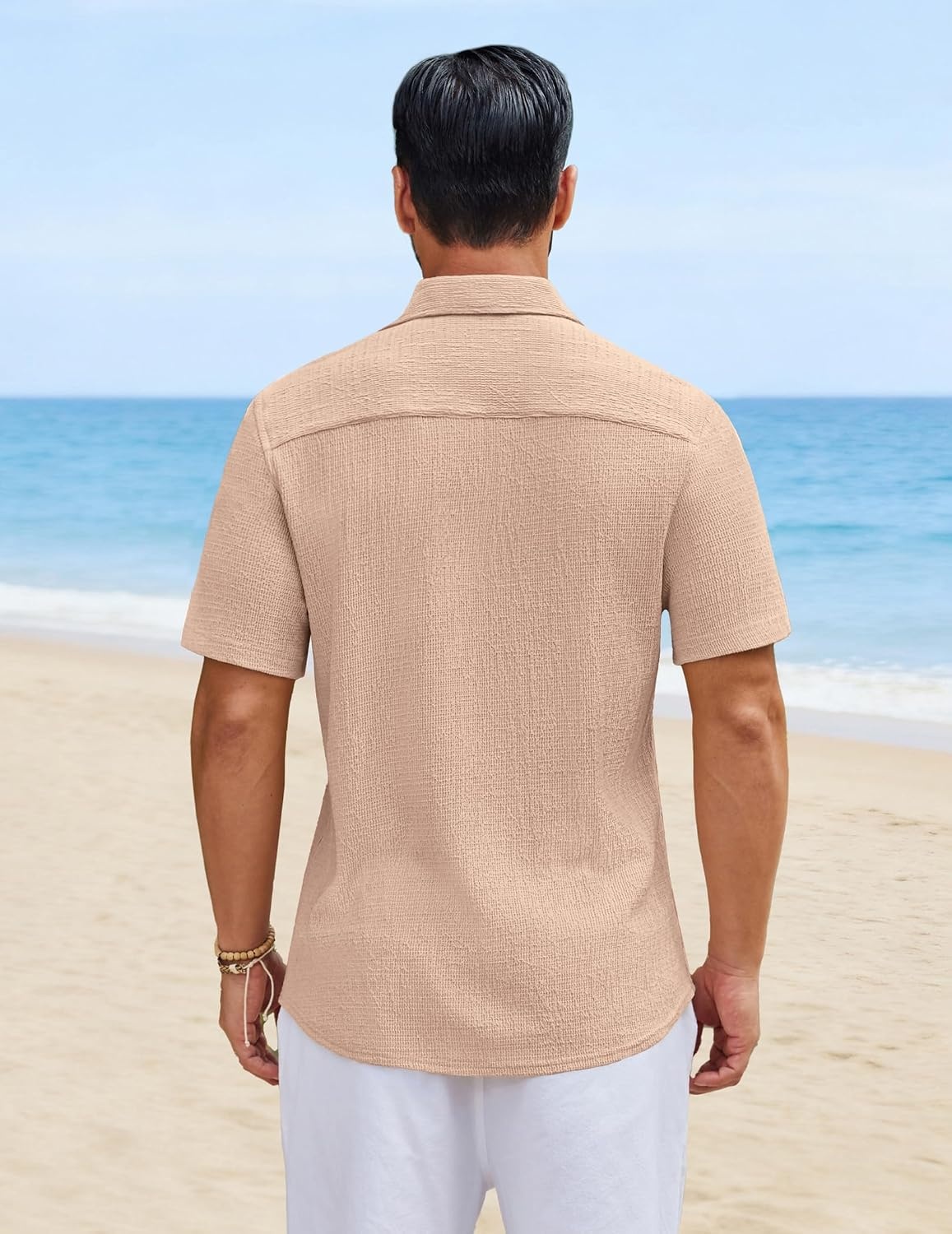 image:imageCOOFANDY Mens Short Sleeve Casual Shirts Button Down Striped Summer Shirts Textured Vacation Beach ShirtKhaki