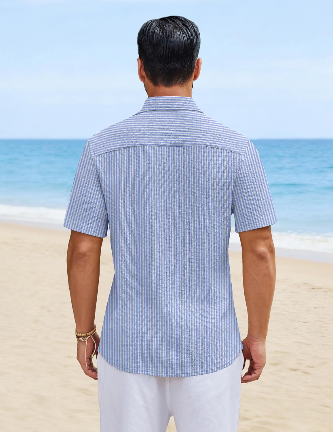 image:imageCOOFANDY Mens Short Sleeve Casual Shirts Button Down Striped Summer Shirts Textured Vacation Beach ShirtWhiteBlue