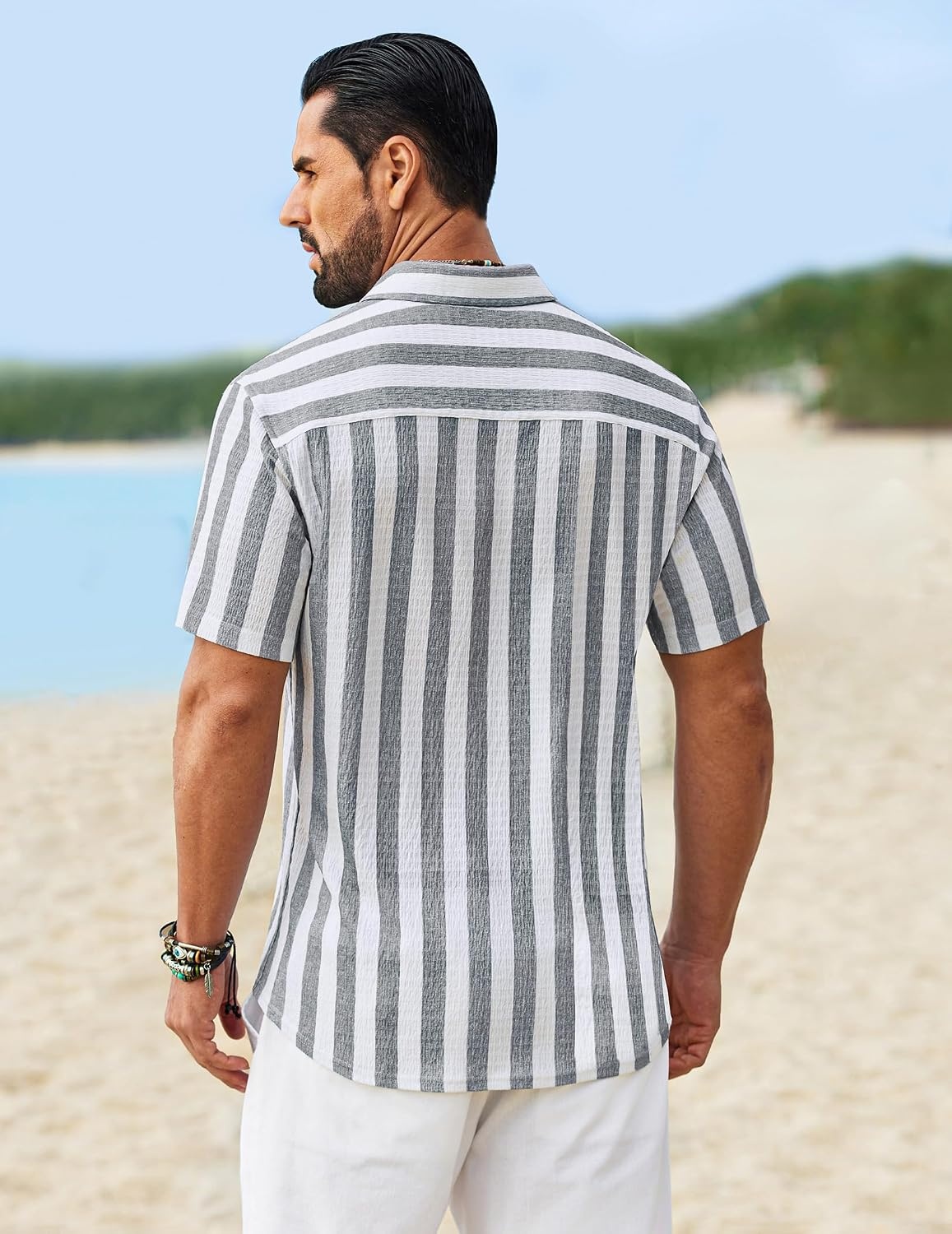 image:imageCOOFANDY Mens Short Sleeve Casual Shirts Button Down Striped Summer Shirts Textured Vacation Beach ShirtWhiteDark Grey