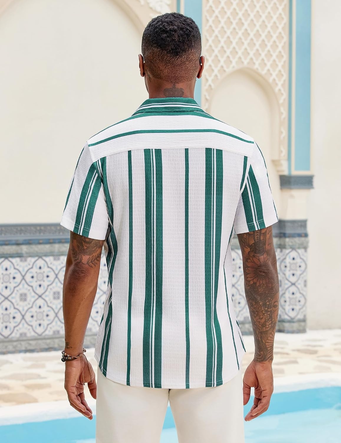 image:imageCOOFANDY Mens Short Sleeve Casual Shirts Button Down Striped Summer Shirts Textured Vacation Beach ShirtWhiteGreen