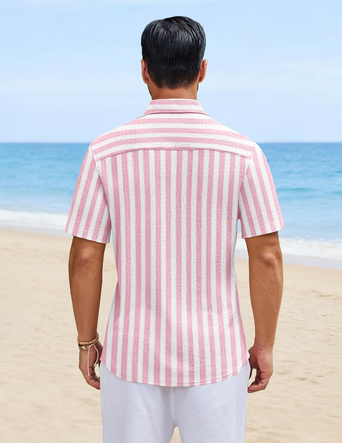 image:imageCOOFANDY Mens Short Sleeve Casual Shirts Button Down Striped Summer Shirts Textured Vacation Beach ShirtWhitePink